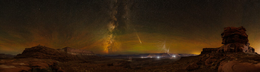 Milky way, comet, satellites (pano)