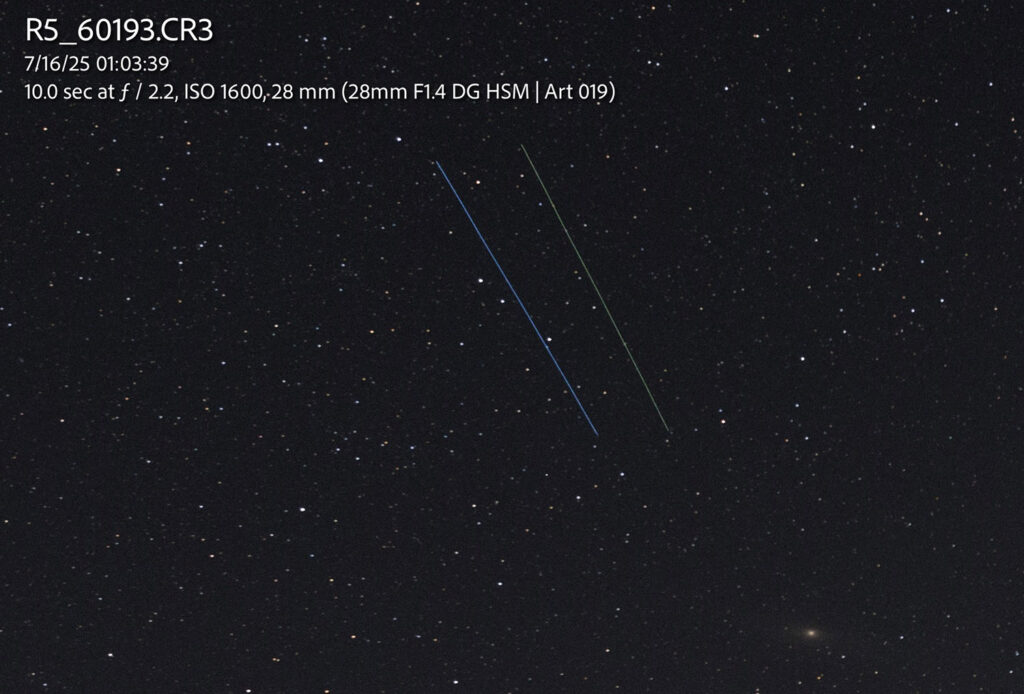 Blue and green satellite track